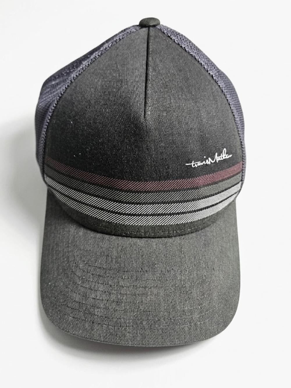 TravisMathew Flexfit 110 Gray Striped Mesh Trucker Golf Snapback Hat